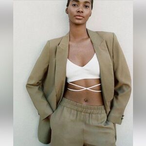 ZARA Green Open Oversized Blazer Size XS Olive Boyfriend Workwear Lagenlook